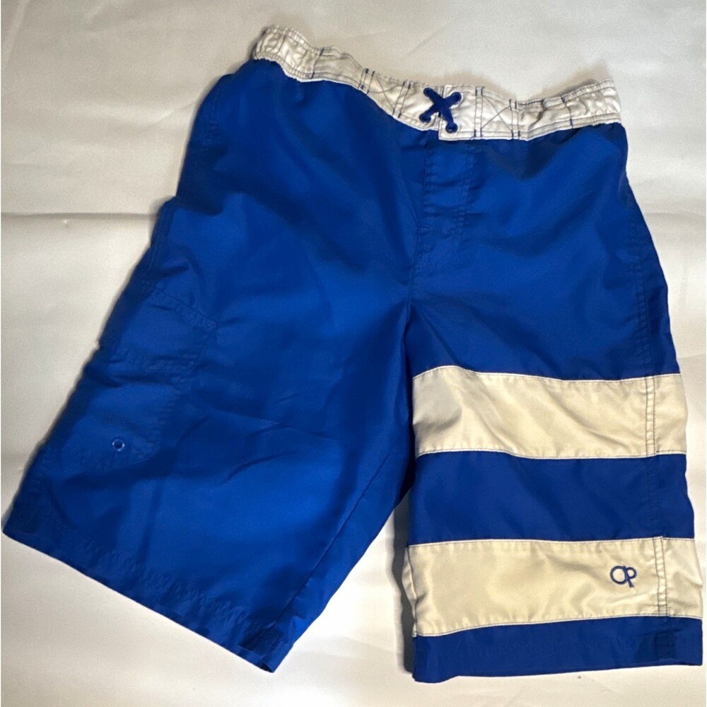Vtg OP ocean pacific Boys Swim Shorts XL (14-16) Blue/White Striped Mesh Lined